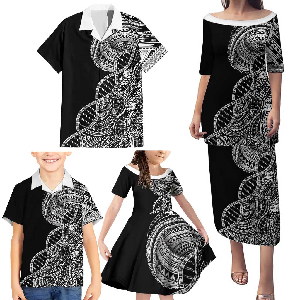 Samoan DNA Art Tattoo Family Matching Puletasi and Hawaiian Shirt Polynesian Pattern Black Color LT03 - Polynesian Pride