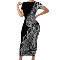 Samoan DNA Art Tattoo Family Matching Short Sleeve Bodycon Dress and Hawaiian Shirt Polynesian Pattern Black Color