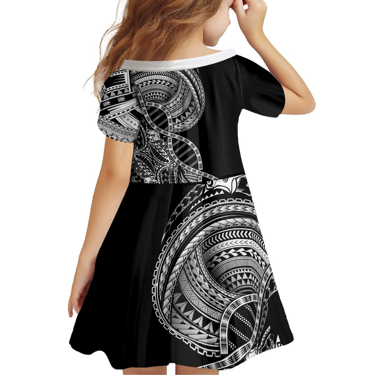 Samoan DNA Art Tattoo Kid Short Sleeve Dress Polynesian Pattern Black Color LT03 - Polynesian Pride