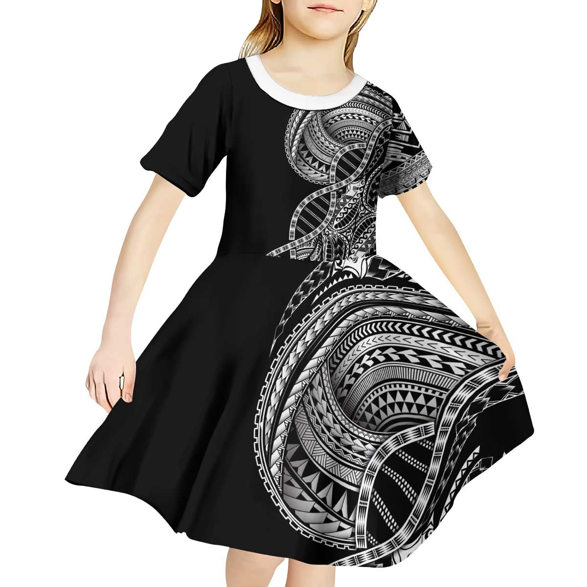 Samoan DNA Art Tattoo Kid Short Sleeve Dress Polynesian Pattern Black Color LT03 - Polynesian Pride