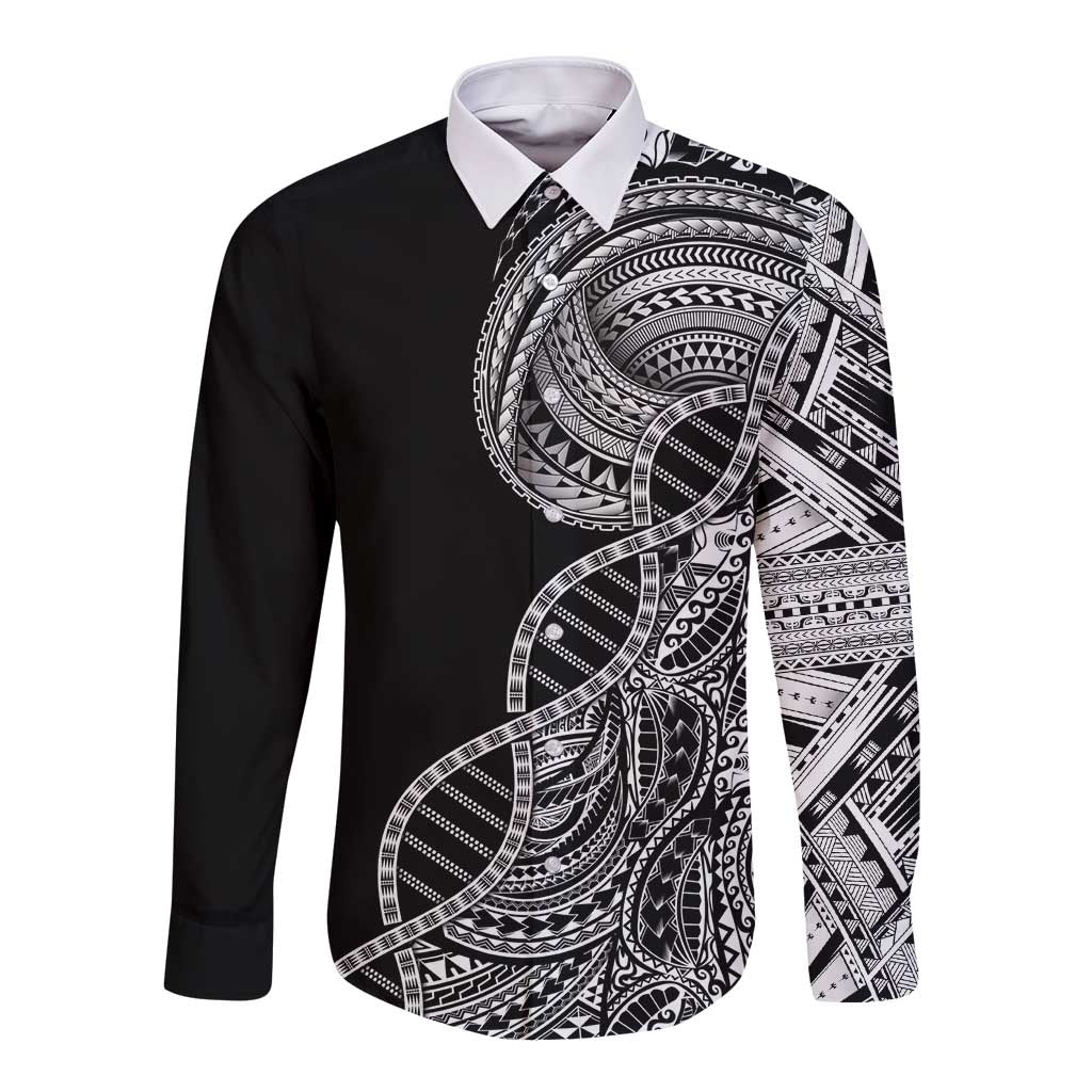 Samoan DNA Art Tattoo Long Sleeve Button Shirt Polynesian Pattern Black Color LT03 Unisex Black - Polynesian Pride