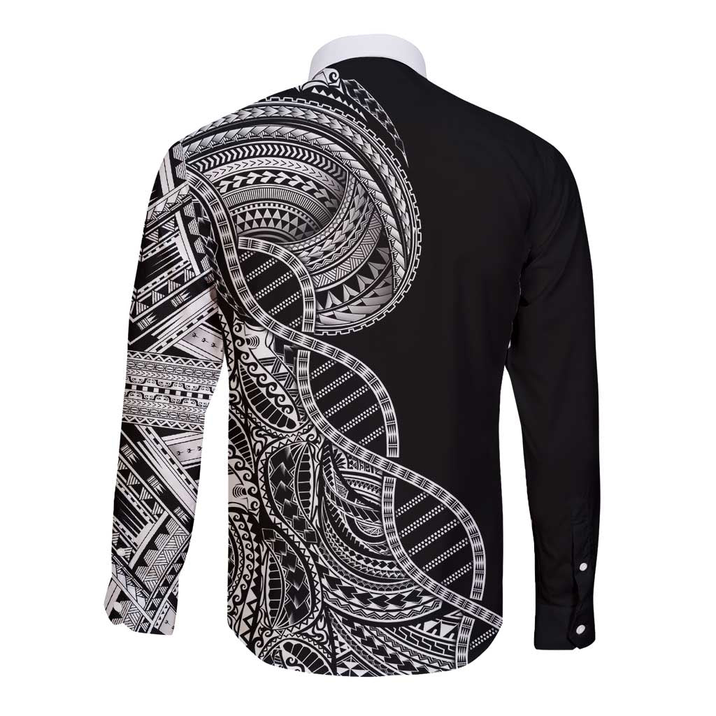 Samoan DNA Art Tattoo Long Sleeve Button Shirt Polynesian Pattern Black Color LT03 - Polynesian Pride