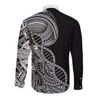 Samoan DNA Art Tattoo Long Sleeve Button Shirt Polynesian Pattern Black Color LT03 - Polynesian Pride