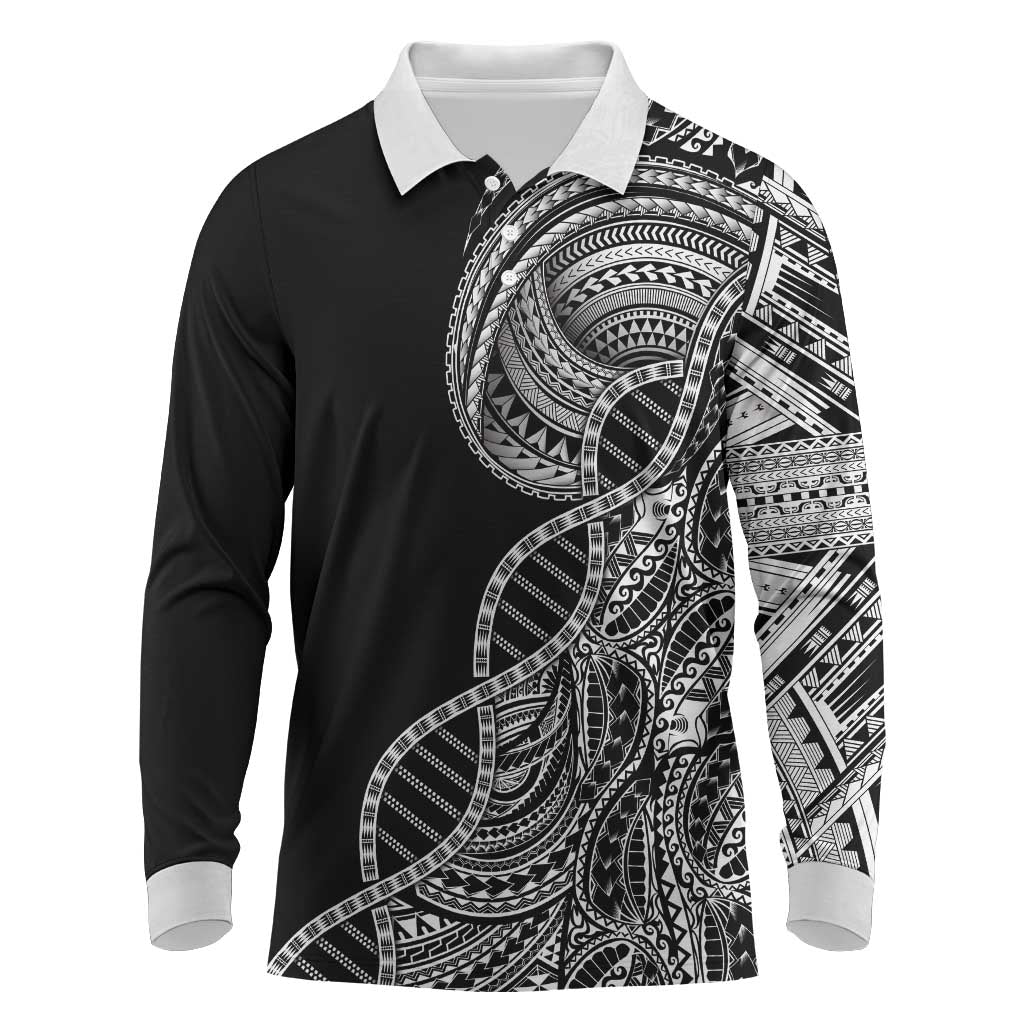 Samoan DNA Art Tattoo Long Sleeve Polo Shirt Polynesian Pattern Black Color LT03 Black - Polynesian Pride