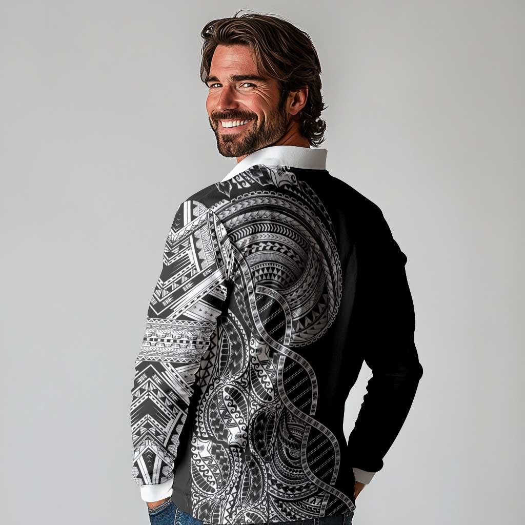 Samoan DNA Art Tattoo Long Sleeve Polo Shirt Polynesian Pattern Black Color LT03 - Polynesian Pride