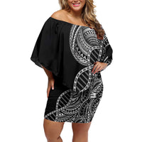 Samoan DNA Art Tattoo Off Shoulder Short Dress Polynesian Pattern Black Color