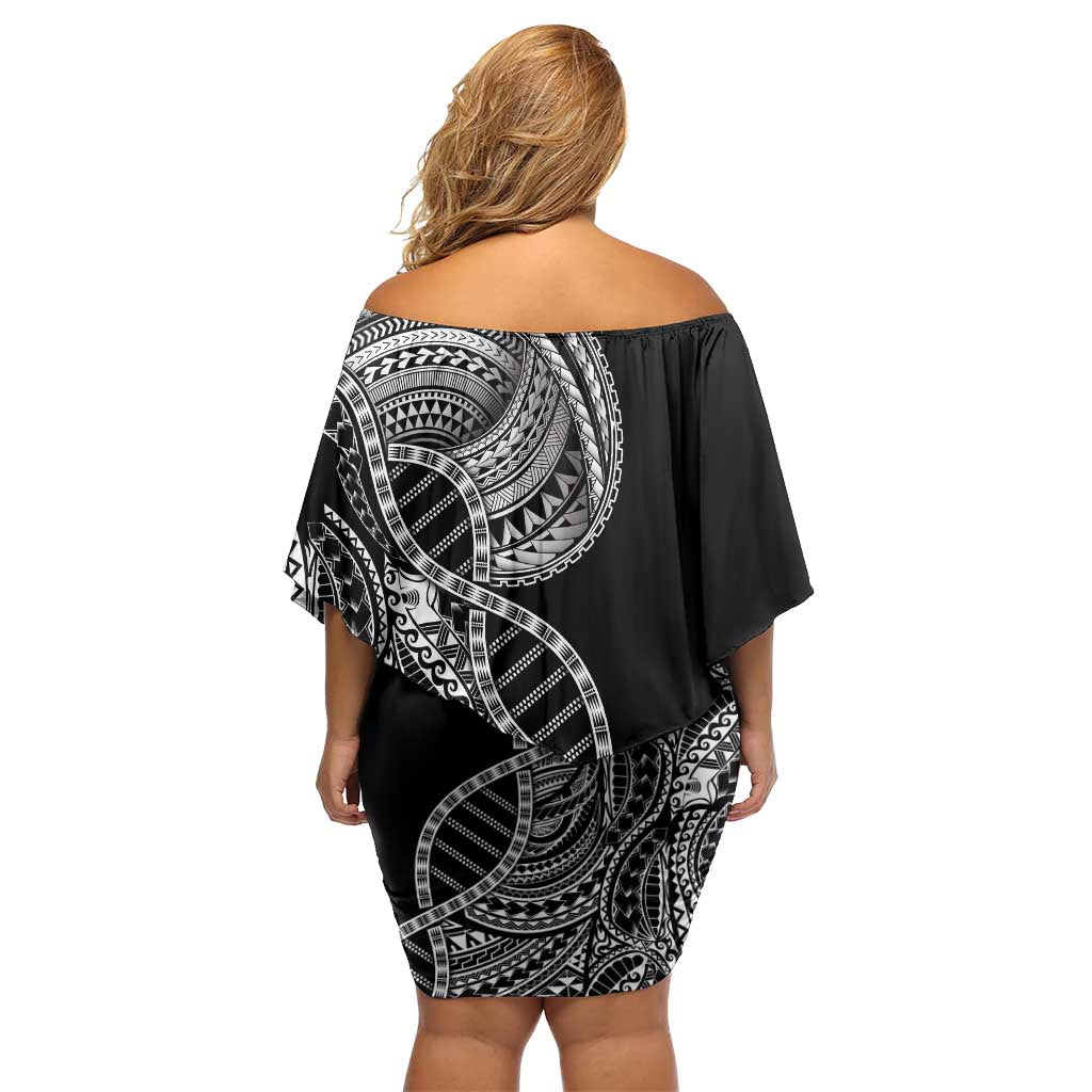 Samoan DNA Art Tattoo Off Shoulder Short Dress Polynesian Pattern Black Color