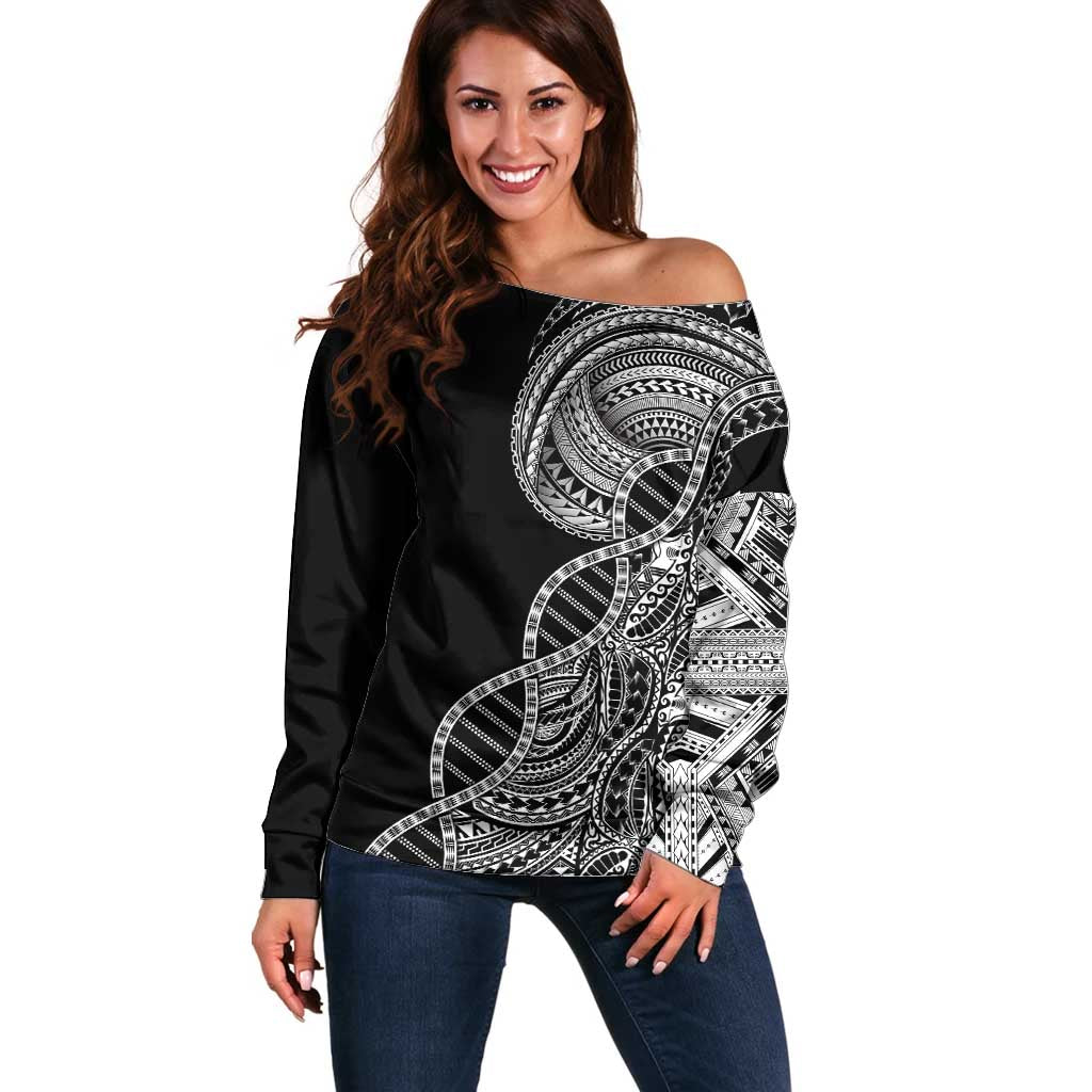 Samoan DNA Art Tattoo Off Shoulder Sweater Polynesian Pattern Black Color LT03 Women Black - Polynesian Pride