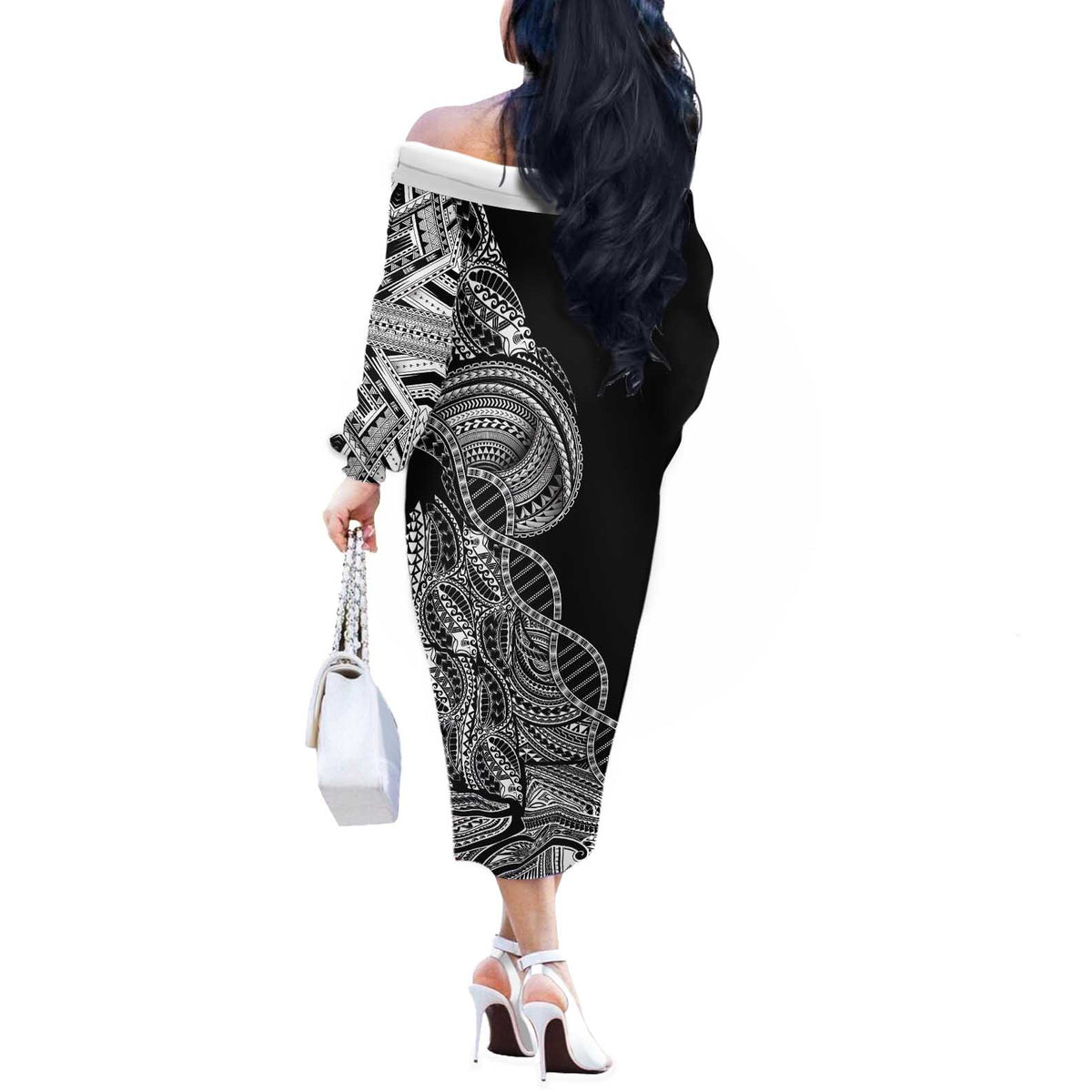 Samoan DNA Art Tattoo Off The Shoulder Long Sleeve Dress Polynesian Pattern Black Color LT03 - Polynesian Pride