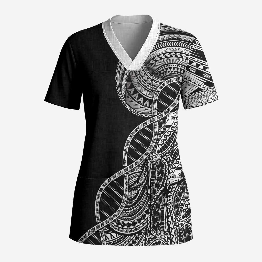 Samoan DNA Art Tattoo Scrub Top Polynesian Pattern Black Color LT03 Adult Black - Polynesian Pride