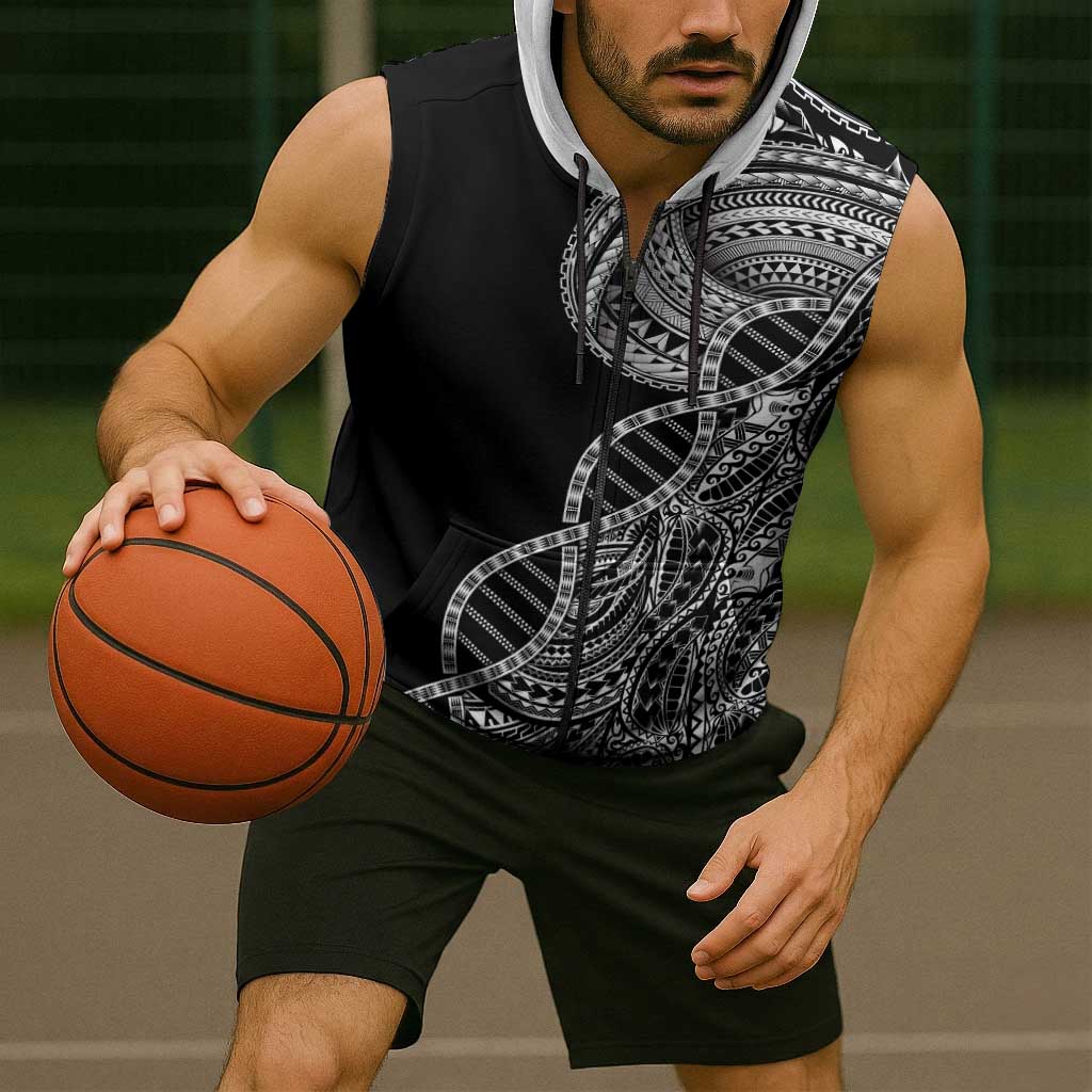 Samoan DNA Art Tattoo Sleeveless Zip Hoodie Polynesian Pattern Black Color LT03 - Polynesian Pride