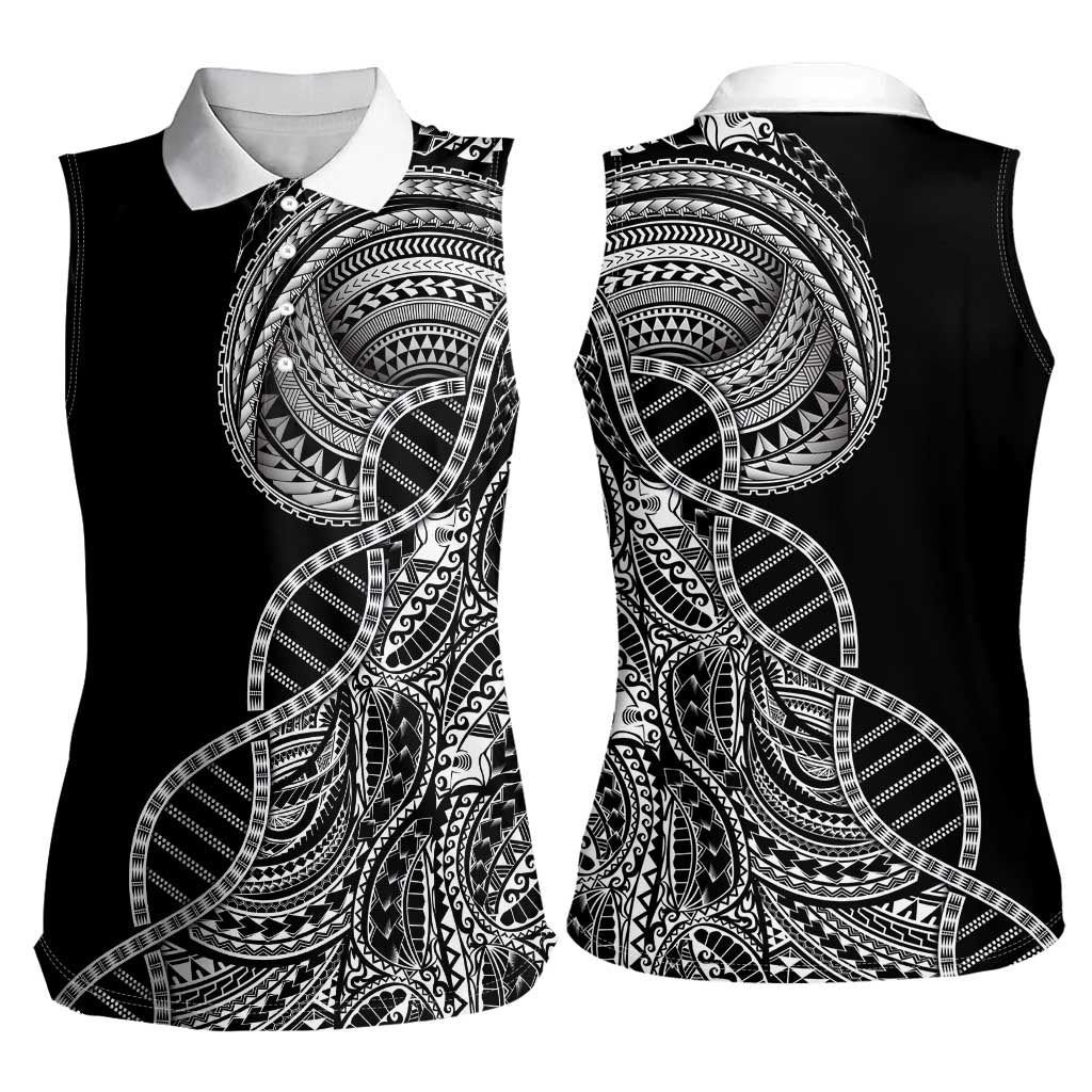 Samoan DNA Art Tattoo Women Sleeveless Polo Shirt Polynesian Pattern Black Color LT03 - Polynesian Pride