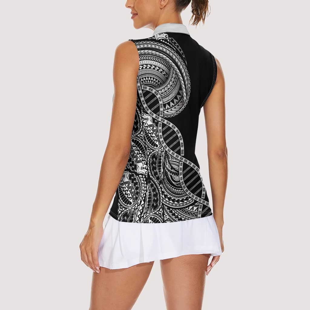 Samoan DNA Art Tattoo Women Sleeveless Polo Shirt Polynesian Pattern Black Color LT03 - Polynesian Pride