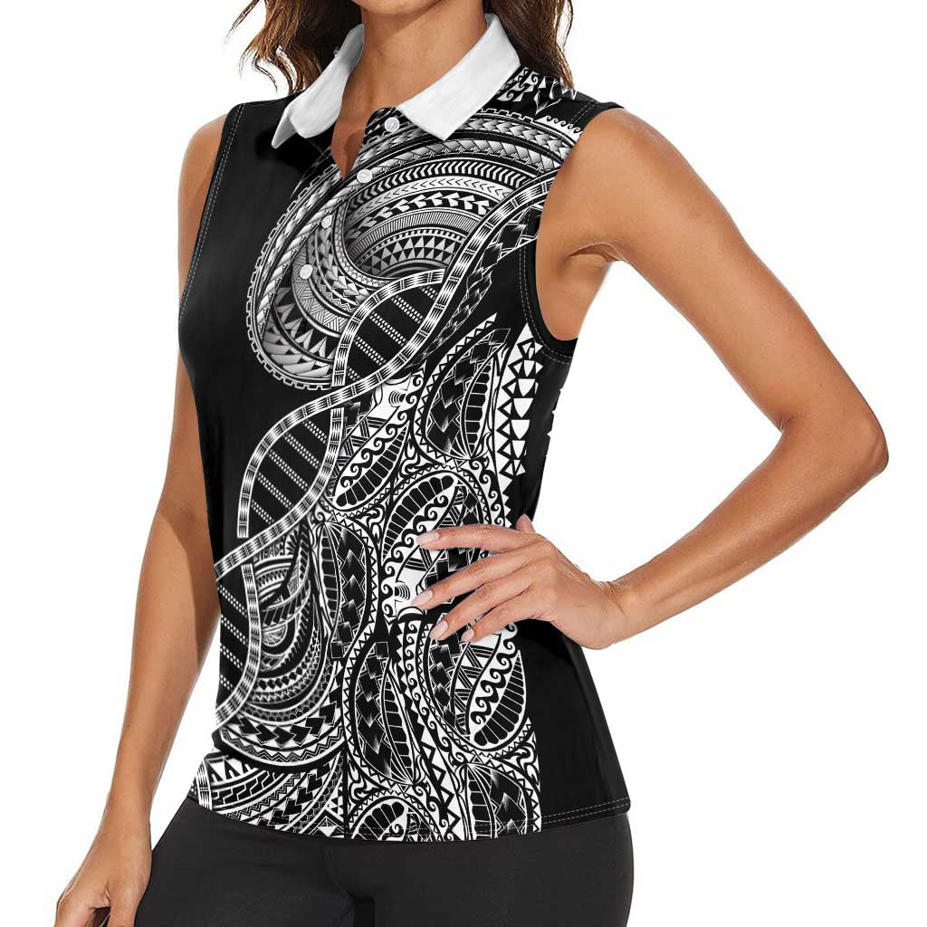 Samoan DNA Art Tattoo Women Sleeveless Polo Shirt Polynesian Pattern Black Color LT03 - Polynesian Pride