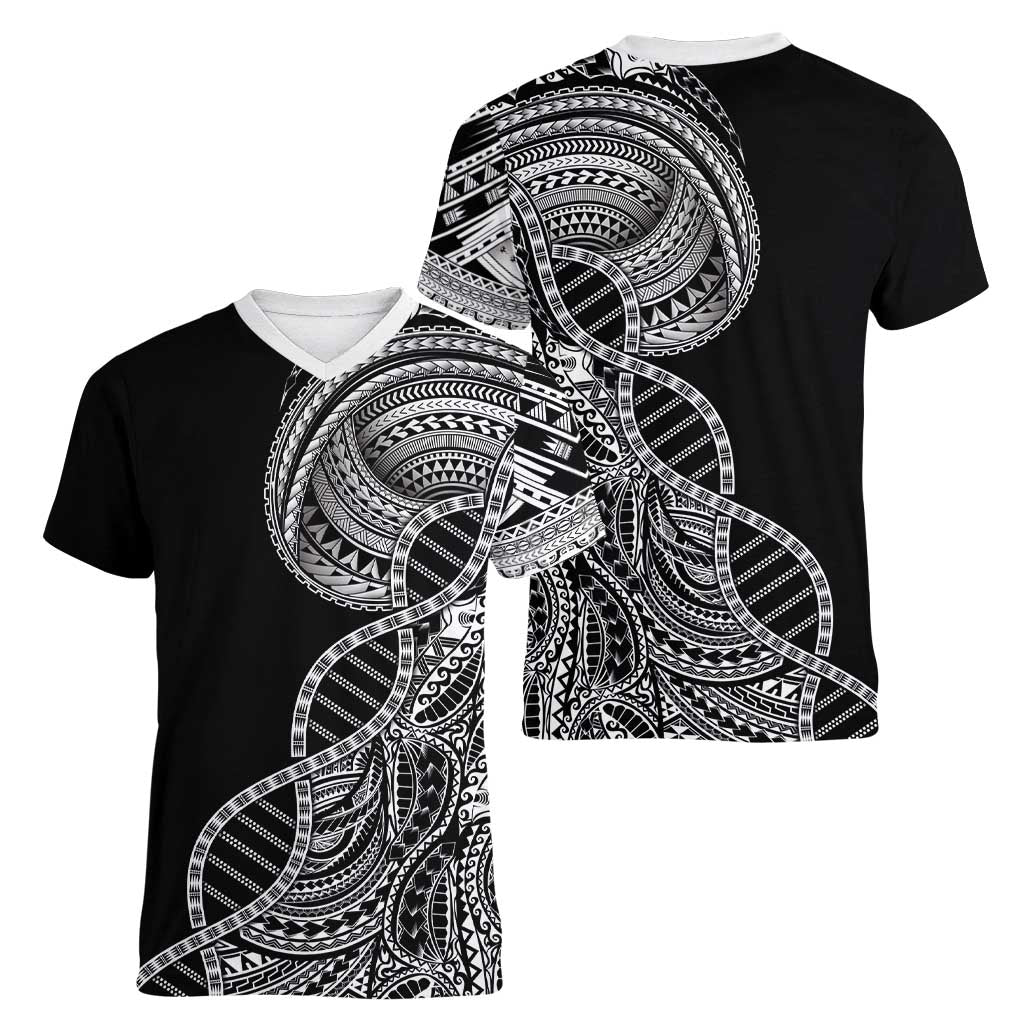 Samoan DNA Art Tattoo Women V-Neck T-Shirt Polynesian Pattern Black Color LT03 - Polynesian Pride