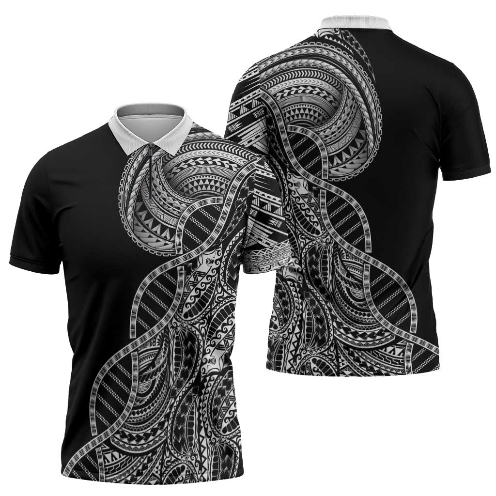 Samoan DNA Art Tattoo Zipper Polo Shirt Polynesian Pattern Black Color LT03 - Polynesian Pride