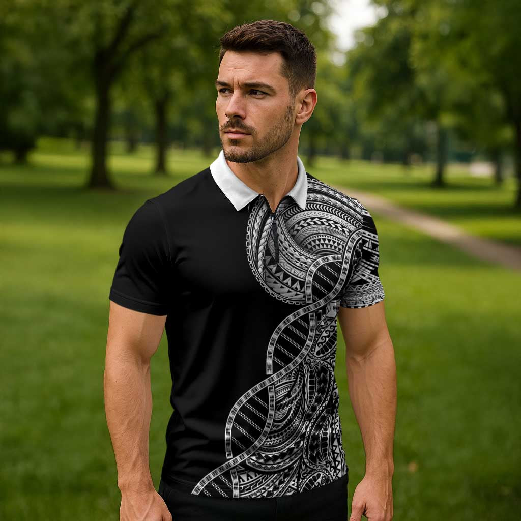 Samoan DNA Art Tattoo Zipper Polo Shirt Polynesian Pattern Black Color LT03 - Polynesian Pride