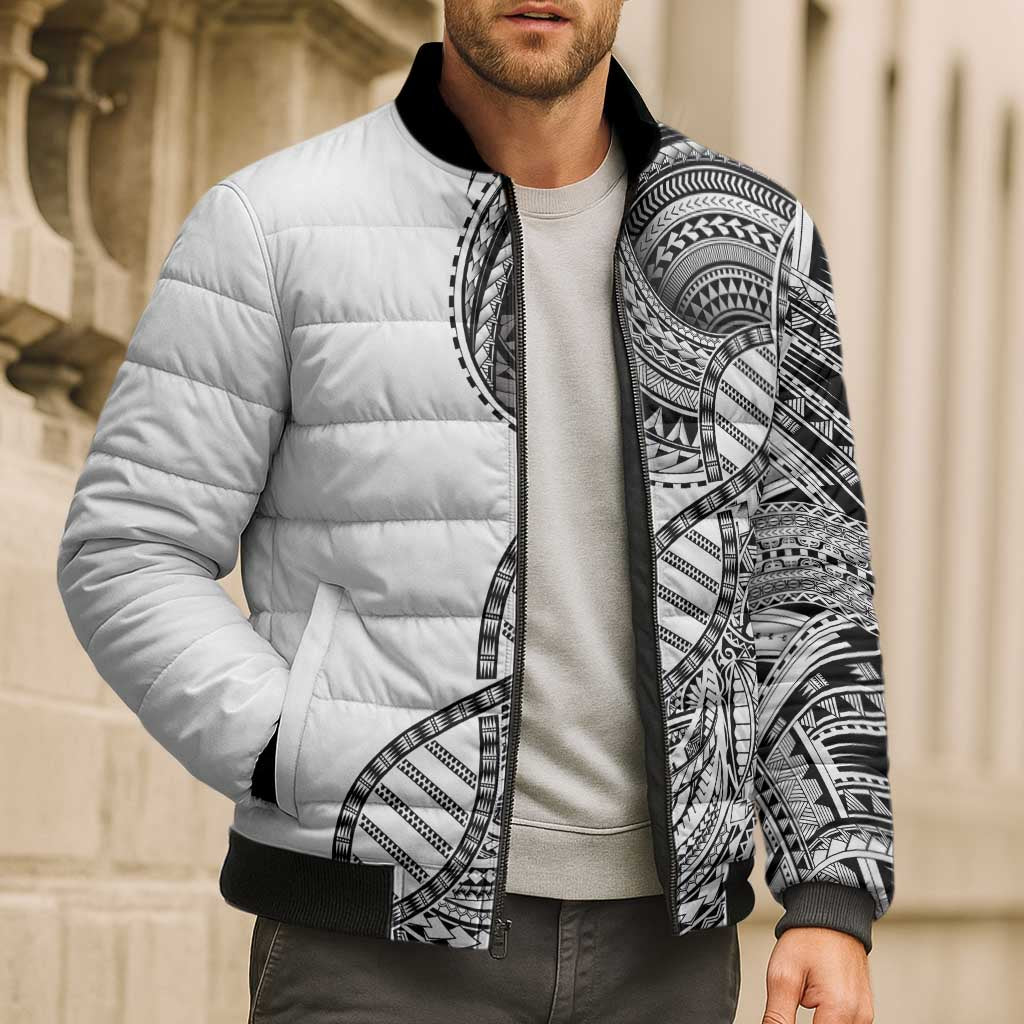 Samoan DNA Art Tattoo Bomber Puffer Jacket Polynesian Pattern White Color LT03 - Polynesian Pride