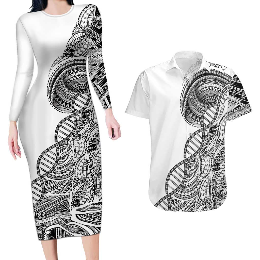 Samoan DNA Art Tattoo Couples Matching Long Sleeve Bodycon Dress and Hawaiian Shirt Polynesian Pattern White Color LT03 White - Polynesian Pride