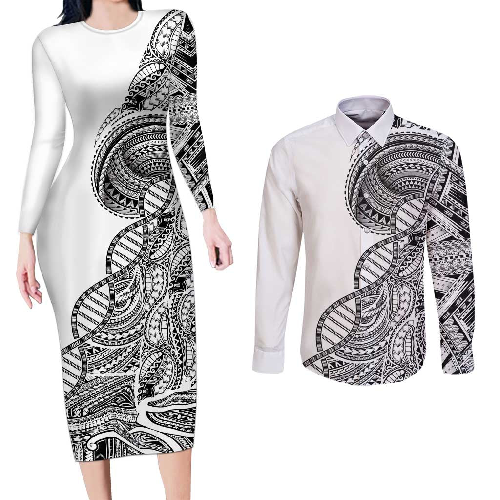 Samoan DNA Art Tattoo Couples Matching Long Sleeve Bodycon Dress and Long Sleeve Button Shirt Polynesian Pattern White Color LT03 White - Polynesian Pride