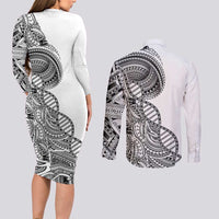 Samoan DNA Art Tattoo Couples Matching Long Sleeve Bodycon Dress and Long Sleeve Button Shirt Polynesian Pattern White Color LT03 - Polynesian Pride