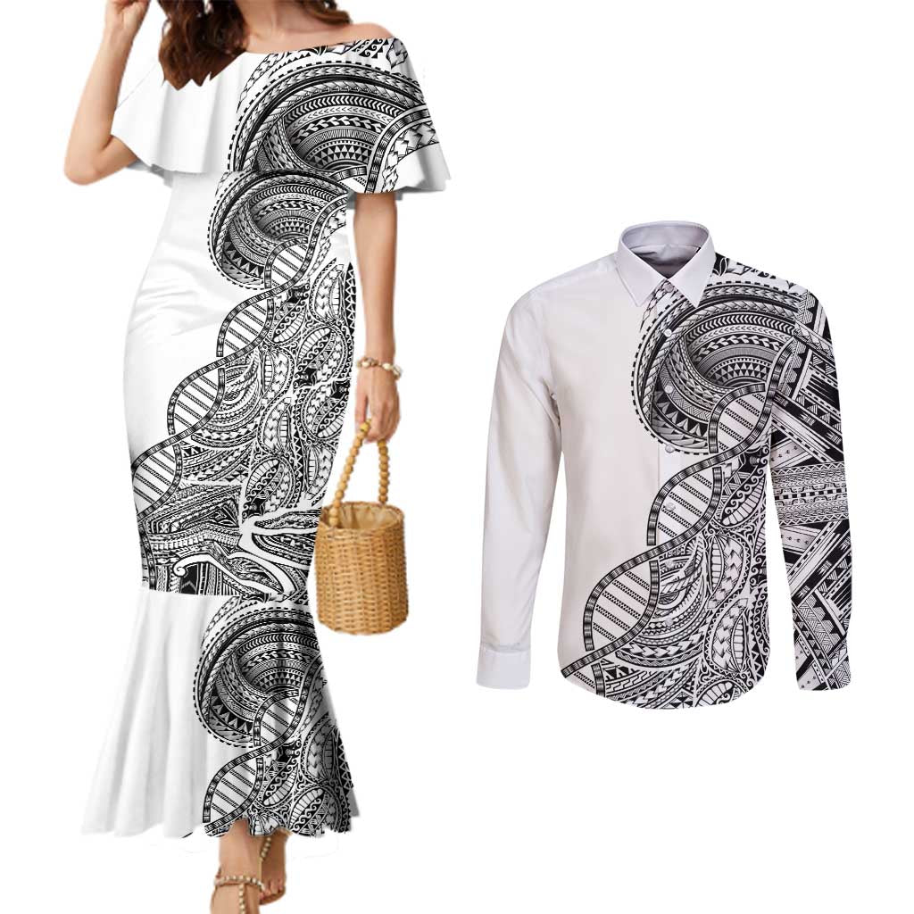 Samoan DNA Art Tattoo Couples Matching Mermaid Dress and Long Sleeve Button Shirt Polynesian Pattern White Color LT03 White - Polynesian Pride