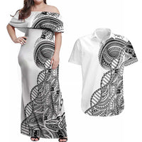 Samoan DNA Art Tattoo Couples Matching Off Shoulder Maxi Dress and Hawaiian Shirt Polynesian Pattern White Color LT03 White - Polynesian Pride
