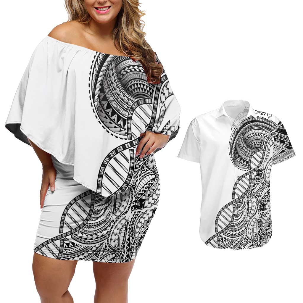 Samoan DNA Art Tattoo Couples Matching Off Shoulder Short Dress and Hawaiian Shirt Polynesian Pattern White Color LT03 White - Polynesian Pride