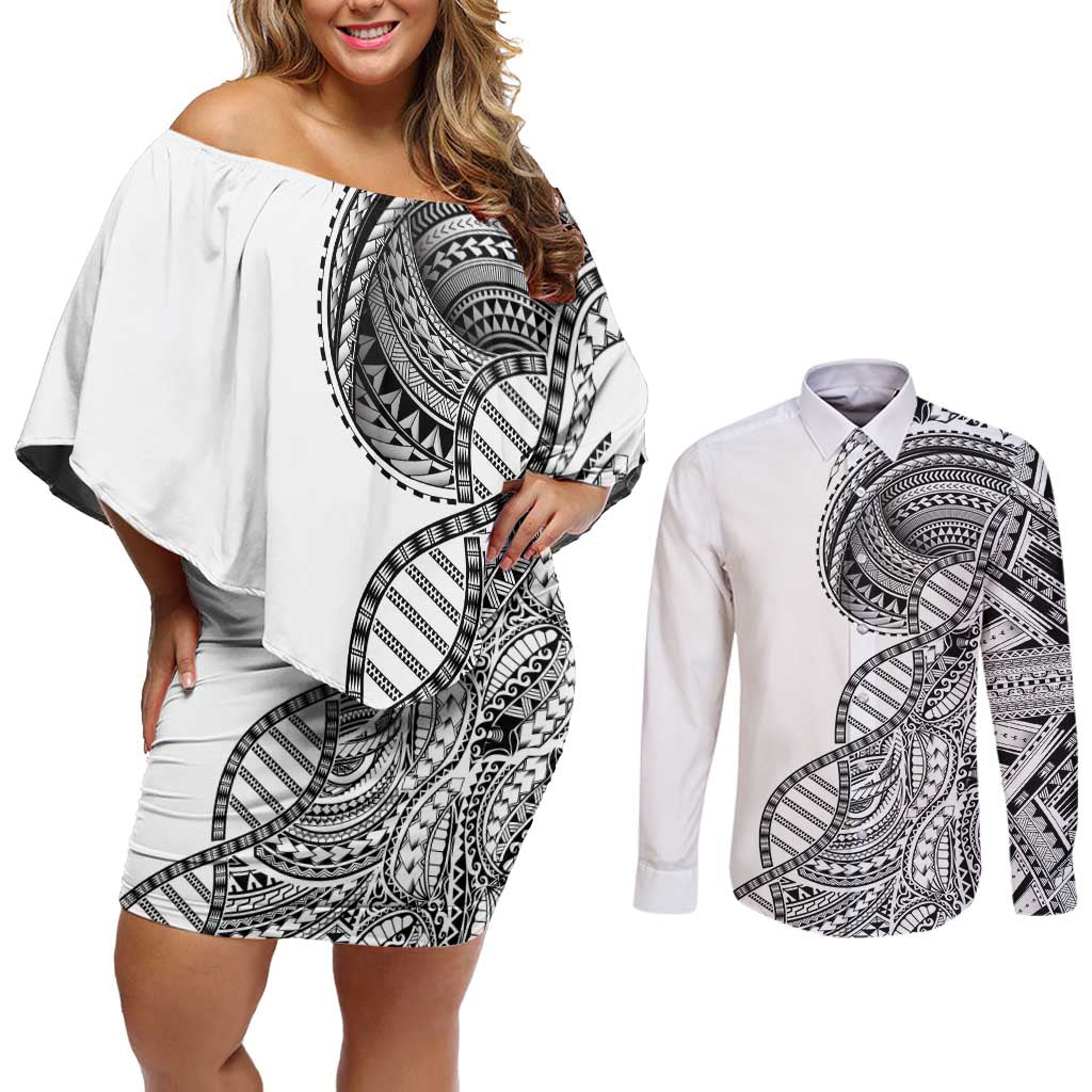 Samoan DNA Art Tattoo Couples Matching Off Shoulder Short Dress and Long Sleeve Button Shirt Polynesian Pattern White Color LT03 White - Polynesian Pride