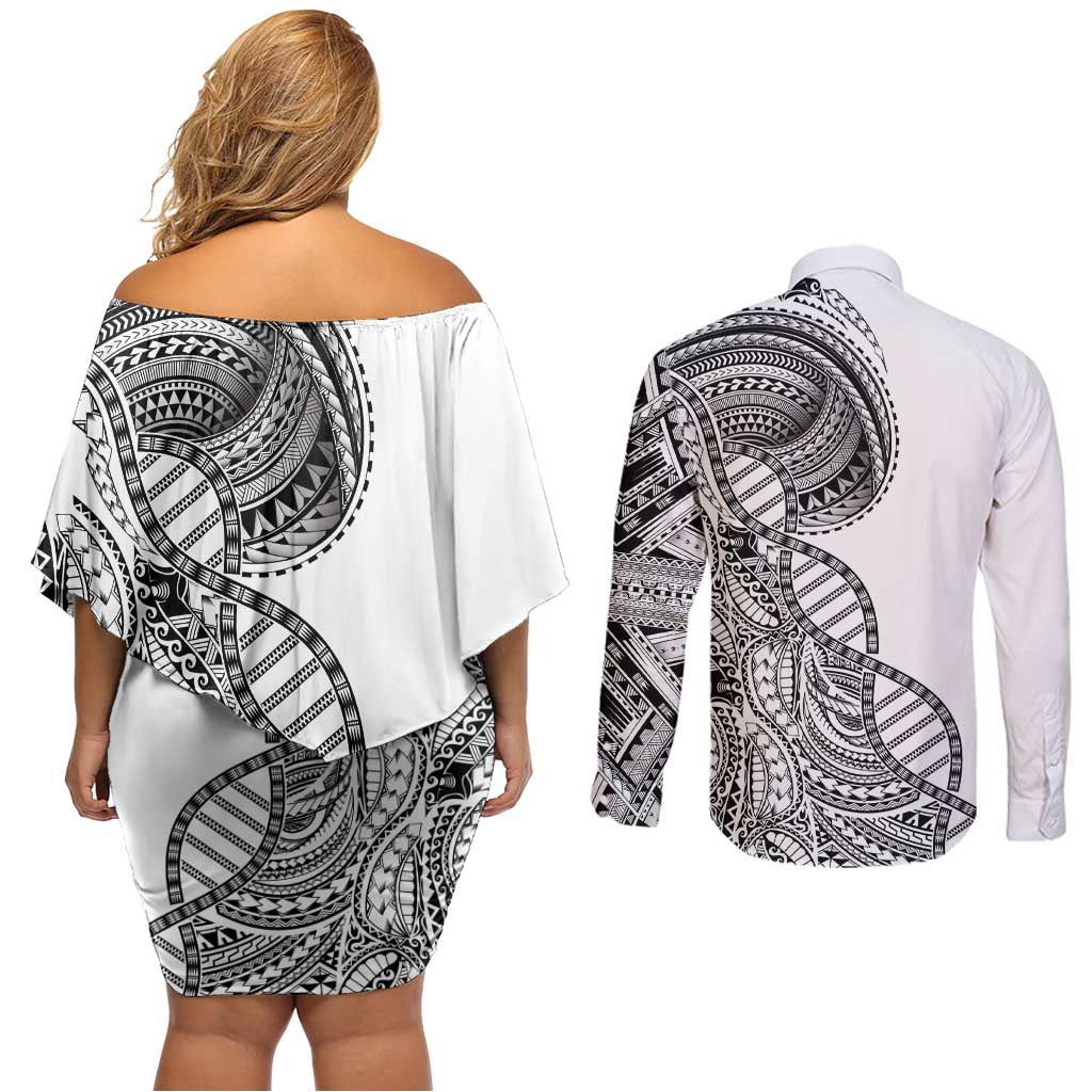Samoan DNA Art Tattoo Couples Matching Off Shoulder Short Dress and Long Sleeve Button Shirt Polynesian Pattern White Color LT03 - Polynesian Pride