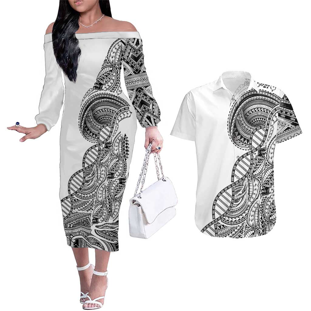 Samoan DNA Art Tattoo Couples Matching Off The Shoulder Long Sleeve Dress and Hawaiian Shirt Polynesian Pattern White Color LT03 White - Polynesian Pride