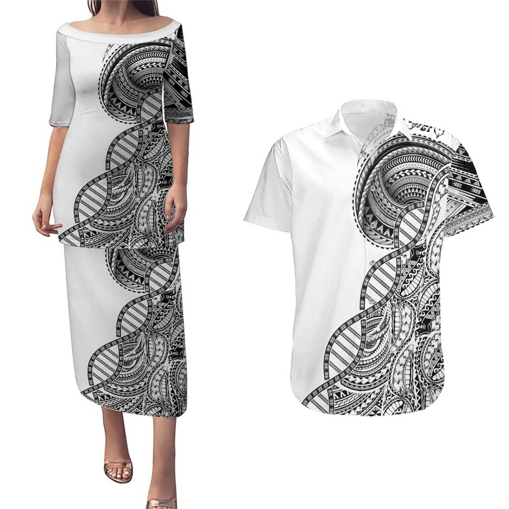 Samoan DNA Art Tattoo Couples Matching Puletasi and Hawaiian Shirt Polynesian Pattern White Color LT03 White - Polynesian Pride