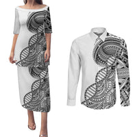 Samoan DNA Art Tattoo Couples Matching Puletasi and Long Sleeve Button Shirt Polynesian Pattern White Color LT03 White - Polynesian Pride