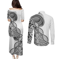 Samoan DNA Art Tattoo Couples Matching Puletasi and Long Sleeve Button Shirt Polynesian Pattern White Color LT03 - Polynesian Pride