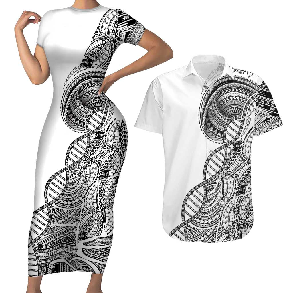 Samoan DNA Art Tattoo Couples Matching Short Sleeve Bodycon Dress and Hawaiian Shirt Polynesian Pattern White Color LT03 White - Polynesian Pride