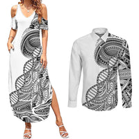 Samoan DNA Art Tattoo Couples Matching Summer Maxi Dress and Long Sleeve Button Shirt Polynesian Pattern White Color LT03 White - Polynesian Pride