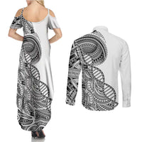 Samoan DNA Art Tattoo Couples Matching Summer Maxi Dress and Long Sleeve Button Shirt Polynesian Pattern White Color LT03 - Polynesian Pride