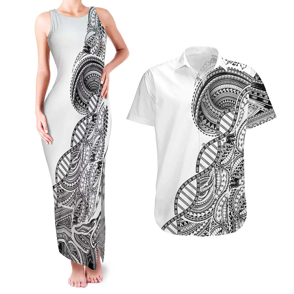 Samoan DNA Art Tattoo Couples Matching Tank Maxi Dress and Hawaiian Shirt Polynesian Pattern White Color LT03 White - Polynesian Pride