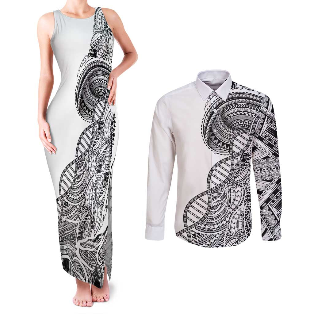 Samoan DNA Art Tattoo Couples Matching Tank Maxi Dress and Long Sleeve Button Shirt Polynesian Pattern White Color LT03 White - Polynesian Pride