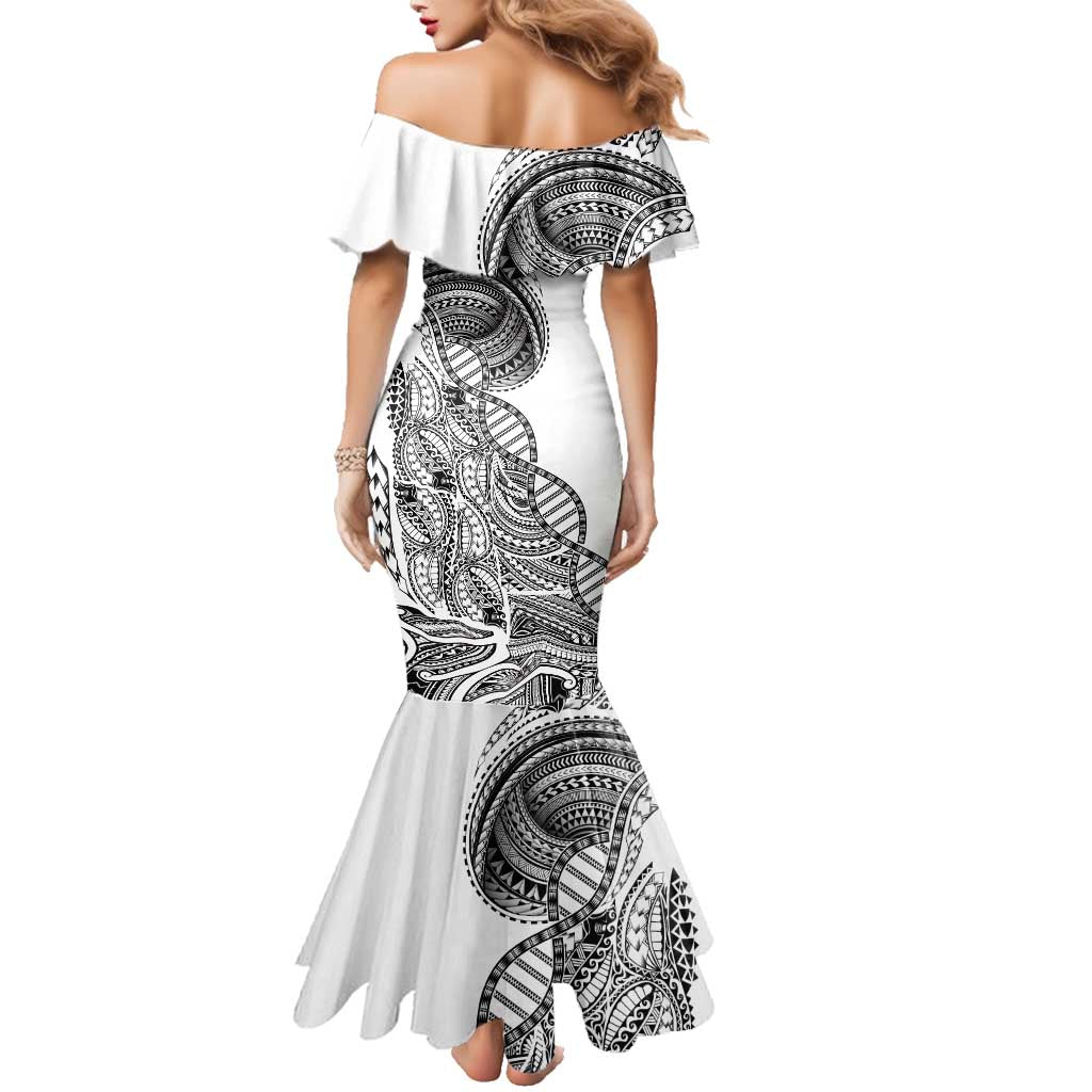 Samoan DNA Art Tattoo Family Matching Mermaid Dress and Hawaiian Shirt Polynesian Pattern White Color