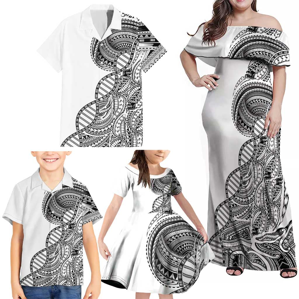 Samoan DNA Art Tattoo Family Matching Off Shoulder Maxi Dress and Hawaiian Shirt Polynesian Pattern White Color LT03 - Polynesian Pride