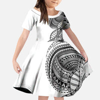 Samoan DNA Art Tattoo Family Matching Off Shoulder Short Dress and Hawaiian Shirt Polynesian Pattern White Color