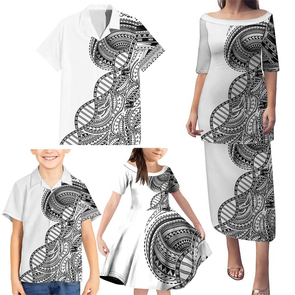 Samoan DNA Art Tattoo Family Matching Puletasi and Hawaiian Shirt Polynesian Pattern White Color LT03 - Polynesian Pride