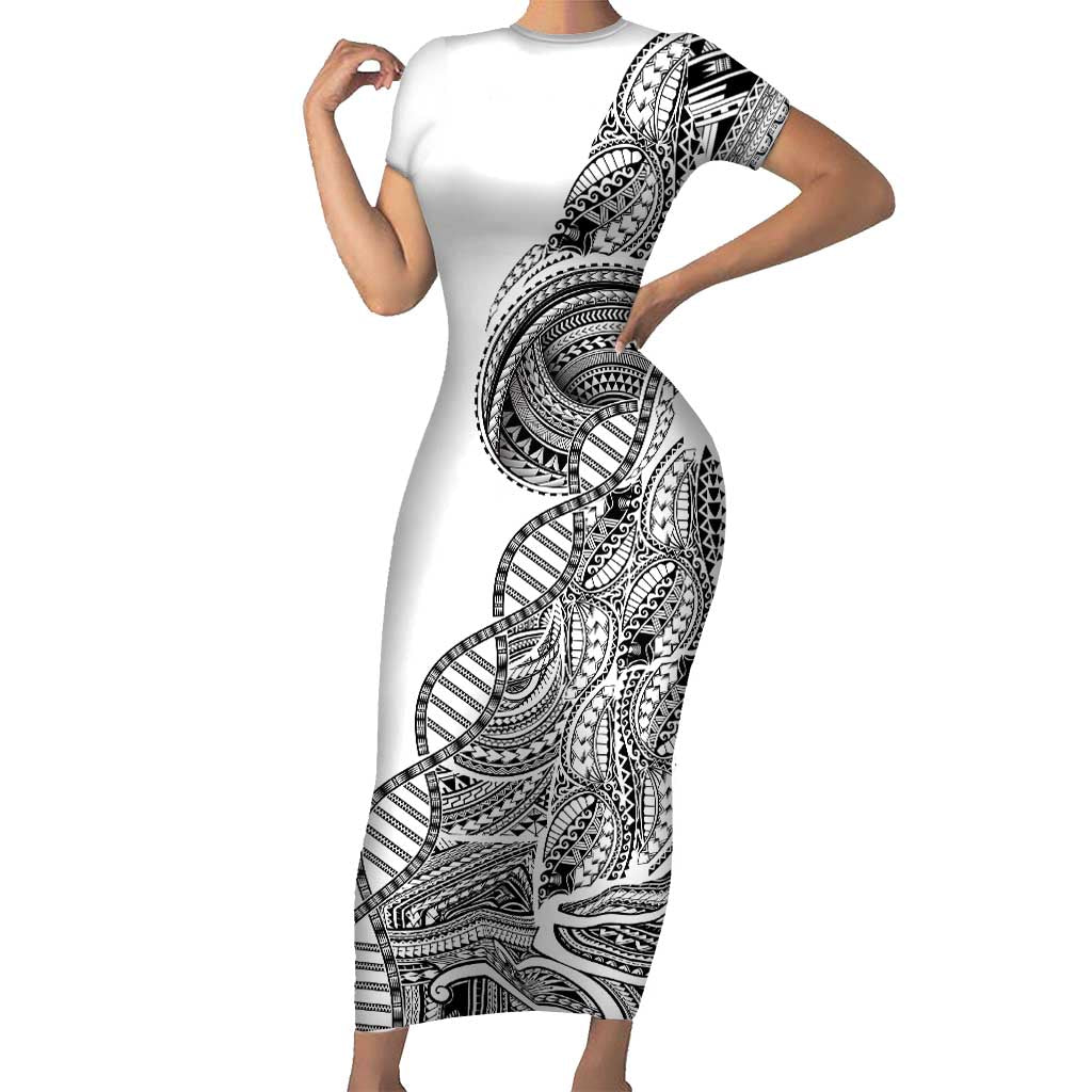 Samoan DNA Art Tattoo Family Matching Short Sleeve Bodycon Dress and Hawaiian Shirt Polynesian Pattern White Color