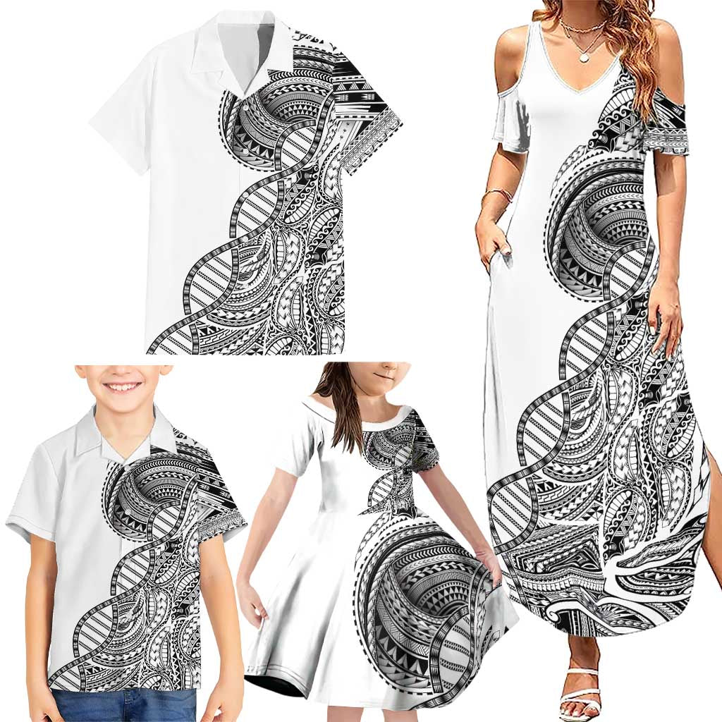 Samoan DNA Art Tattoo Family Matching Summer Maxi Dress and Hawaiian Shirt Polynesian Pattern White Color LT03 - Polynesian Pride
