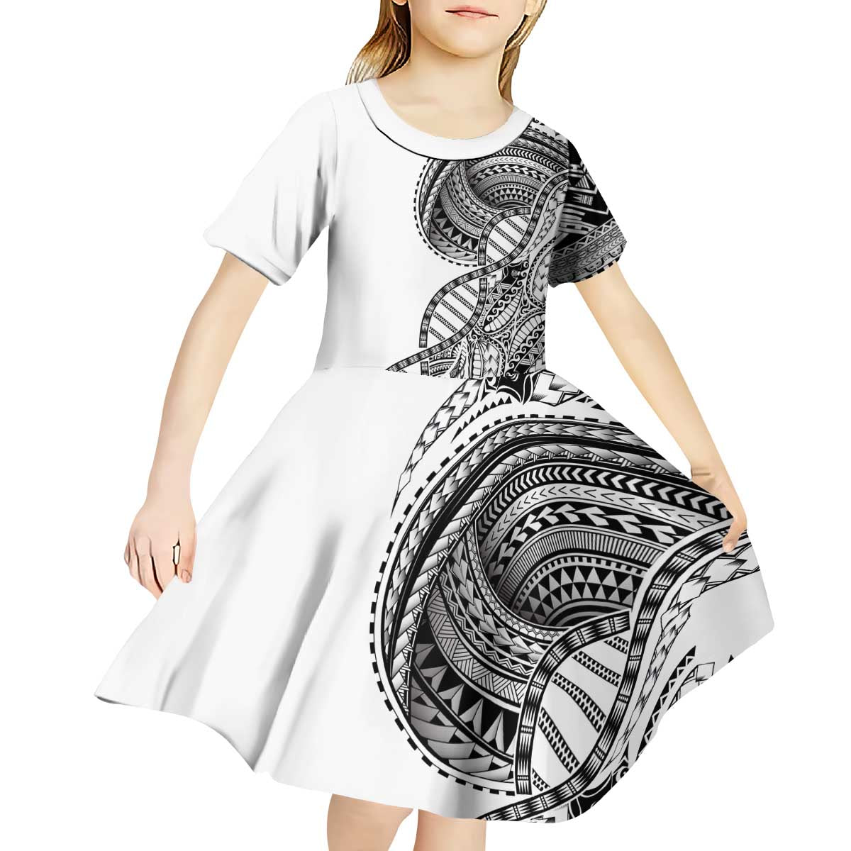 Samoan DNA Art Tattoo Kid Short Sleeve Dress Polynesian Pattern White Color LT03 - Polynesian Pride