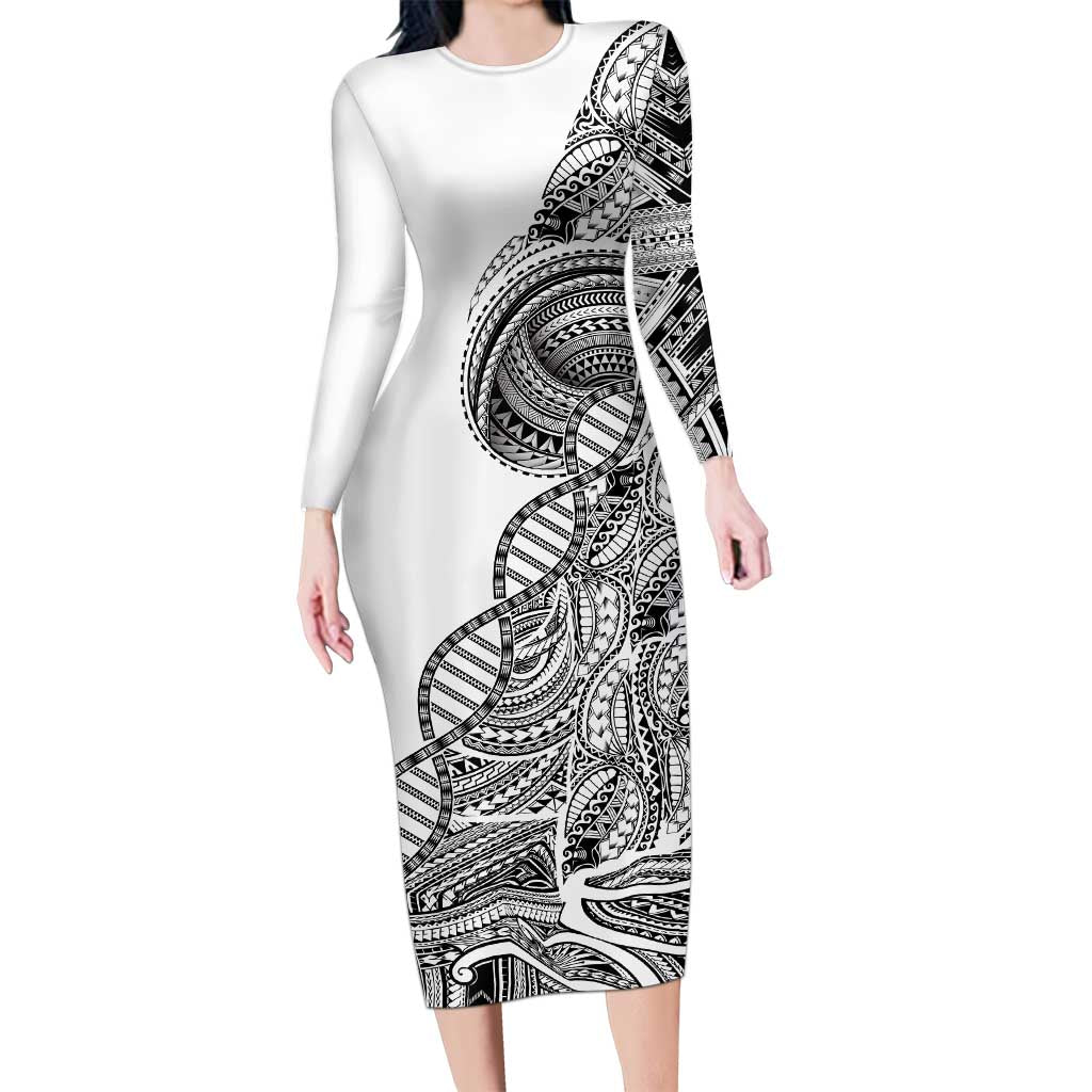 Samoan DNA Art Tattoo Long Sleeve Bodycon Dress Polynesian Pattern White Color LT03 Long Dress White - Polynesian Pride
