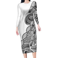 Samoan DNA Art Tattoo Long Sleeve Bodycon Dress Polynesian Pattern White Color LT03 Long Dress White - Polynesian Pride