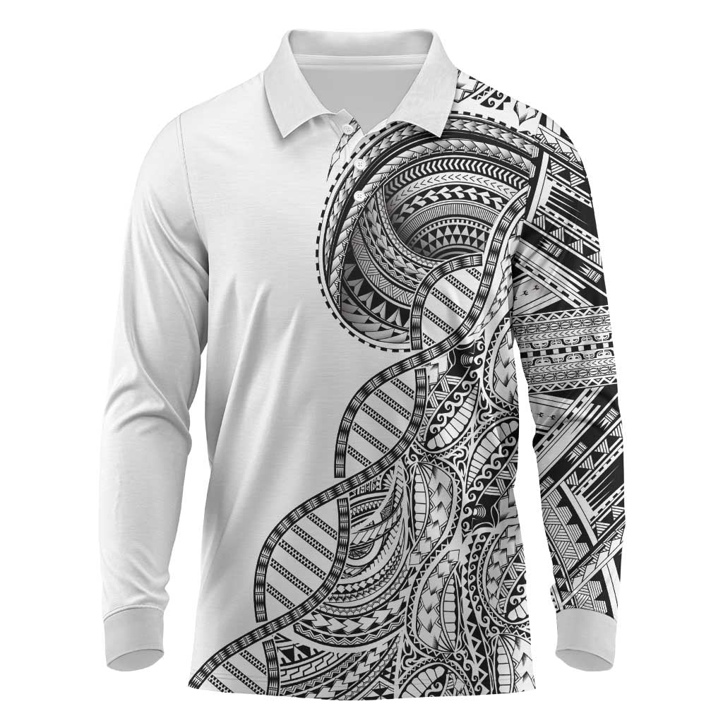 Samoan DNA Art Tattoo Long Sleeve Polo Shirt Polynesian Pattern White Color LT03 White - Polynesian Pride