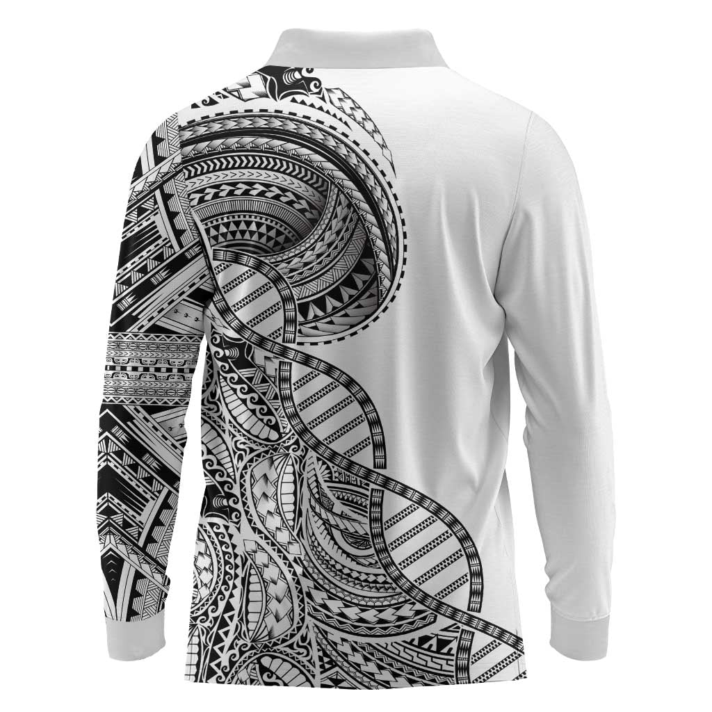 Samoan DNA Art Tattoo Long Sleeve Polo Shirt Polynesian Pattern White Color LT03 - Polynesian Pride